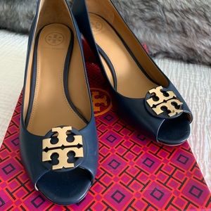 Tory Burch blue open toe heels
